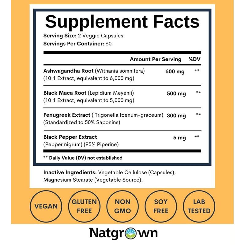 Natgrown Ashwagandha Maca Root Fenugreek Extract Capsules Supplement for Men