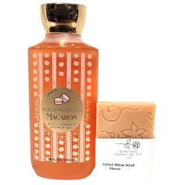 Bath and Body Peach Prosecco Macaron Shower Gel Body Wash Full Size Gift Set with Rosebud Ranch Goat Milk Soap Sample