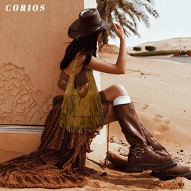 CORIOS Women's Suede Handbag Vintage Fringe Hobo Bags for Women Shoulder Bag with Tassels Retro Tote Bag Soft Faux Leather Handbags Elegant Work Shopper Travel Tote Bag, brown