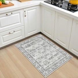 YINGSHANRED 2' x 3' Washable Rugs Grey Rugs for Bedroom Farmhouse Distressed Vintage Area Rug Non-Slip Stain Resistant Low Pile Thin Carpet for Living Room, Dining Room, Entryway Floral Boho Design