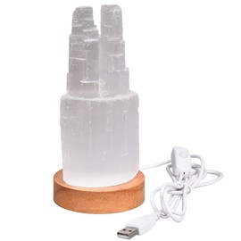 JIC Gem USB Selenite Lamp Twin Tower Healing Crystal Lamp Natural Selenite Skyscraper Lamp 6 Inch with Wooden LED Light Stand Base