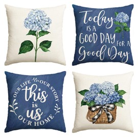 AVOIN colorlife AVOIN colorlife Blue Hydrangea Spring Summer Throw Pillow Covers, 16 x 16 Inch Today is A Good Day Dark Blue Cushion Case Decoration for Sofa Couch Set of 4