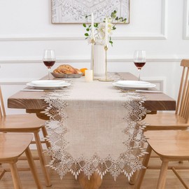 LIGICKY Linen Table Runner Neutral Lace Table Runners 48 Inches Beige and Tan Embroidered Runner for Dresser Top Spring Summer Wedding Home Dining Table Decorations 16x48 inch