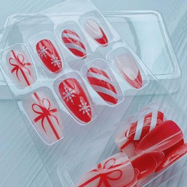 24Pcs Christmas Press on Nails Medium Length Snowflake Stripe Glitter Designs Glossy Red Bow Acrylic Fake Nails with Christmas Hat Gel Glue on Nails,Reusable Stick on Nails Xmas Nails for New Years