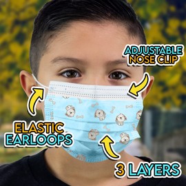 ASTM Level 3 Face Masks Disposable for Kids Made in USA Nose Bridge Breathable Comfortable Colored School Church Park (50 Pack, Puppies)