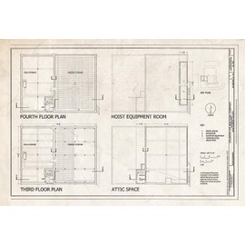 Historic Pictoric : Blueprint Third and Fourth Floor Plans, Attic Space, and Hoist Equipment Room - Atlantic Ice & Coal Company, 135 Prince Street, Montgomery, Montgomery County, AL 36in x 24in