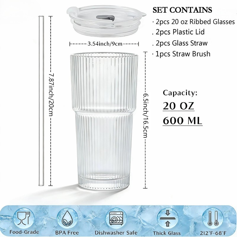 20oz Ribbed Glass Tumblers with Lids & Straws 2-Pack