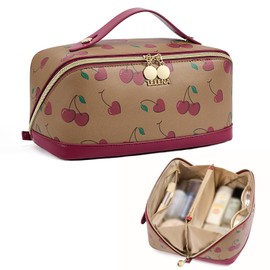 Telena - Bolsa de maquillaje de gran capacidad, bolsa de cosméticos de viaje portátil, de piel sintética, resistente al agua, organizador de maquillaje para mujeres con asa y divisor, abierto plano