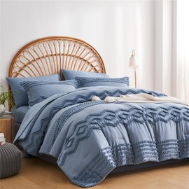 KAKIJUMN Blue Tufted 7-Piece Queen Comforter Set, Shabby Chic Boho Comforter and Sheet Set, All Season Soft Microfiber Complete Bedding Set
