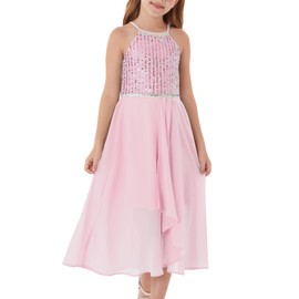 GRACE KARIN Flower Girls Dresses A-Line Halter Junior Bridesmaid Girl Flowy Sequin Chiffon Dresses Wedding Party Pageant Gown Size 8-10 Pink