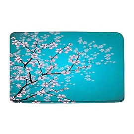 AMFD Cherry Blossom Bath Mat Spring Japanese Sakura Tree Branch Pink Floral Flower Artwork Teal Turquoise Bathroom Shower Mat Kitchen Rug Microfiber Memory Foam 20x31 Inches