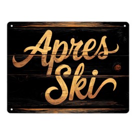 Apres Ski Party Decoration Metal Sign XL in 21 x 28 cm Rustic Metal Sign XL in 21 x 28 cm with Wood Look with Charming Branch Holes Slightly Warped for Warm Charm