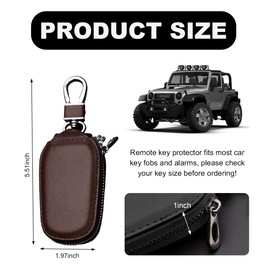 Wevdn Car Key Case, Genuine Leather Auto Smart Key Fob Holder with Metal Hook, Anti Scratch Automotive Key Protector Key Chain Zipper Bag for Remote Key Fob, Car Accessories (Coffee)