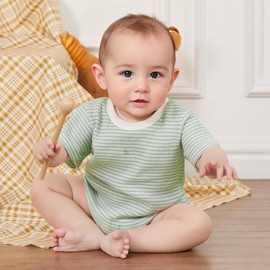 VISGOGO Baby Boy Girl Striped Romper Waffle Short Sleeve Bubble Oversized Bodysuit Summer Onesie Clothes (Green, 12-18 Months)