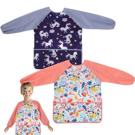 FEMONGY Apron for Kids 2 Pieces Kids Aprons for Painting Waterproof Painting Apron with Sleeves and 3 Pockets Childrens Aprons for Ancient 2–8 Years (Unicorn)