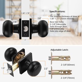 Probrico Passage Door Knob Black Interior Keyless Non-Locking Flat Ball Door Knob Hall/Closet Handle with Suqare Rosette, 6 Pack