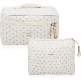 Yeria Make Up Bag, Large Quilted Makeup Bag, Aesthetic, Quilted Toiletry Bag, Women, Cotton Make Up Bag with Floral Pattern for Children Women, Flower-2pcs