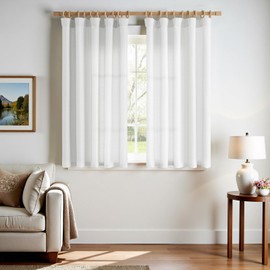 TOPICK Curtains with Ruffle Tape, Semi-Transparent Curtains for Rail System, White Curtains for Living Room, Kitchen, Bedroom, Children's Room, Linen Look, Country House Style, Set of 2, 140 W x 145 H