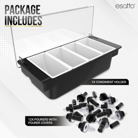 Esatto Bar Products Condiment Holder for Serving Container Chilled Garnish Tray with Lid for Bar Caddy, 4-1 Pint Inserts, With Added 12 Liquor Bottle Pourers, and 12 Pourer Covers - White