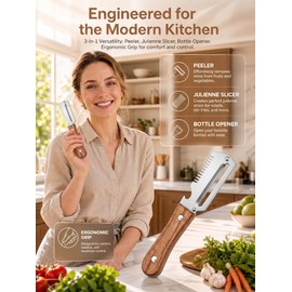 3-in-1 Multifunctional Vegetable Peeler, Curved Stainless Steel Blade Wooden Handle & Built-In Bottle Opener Kitchen Tool for Sugar Cane, Potato, Fruit, Pumpkin, Carrot Veggie Peeler (1PCS)