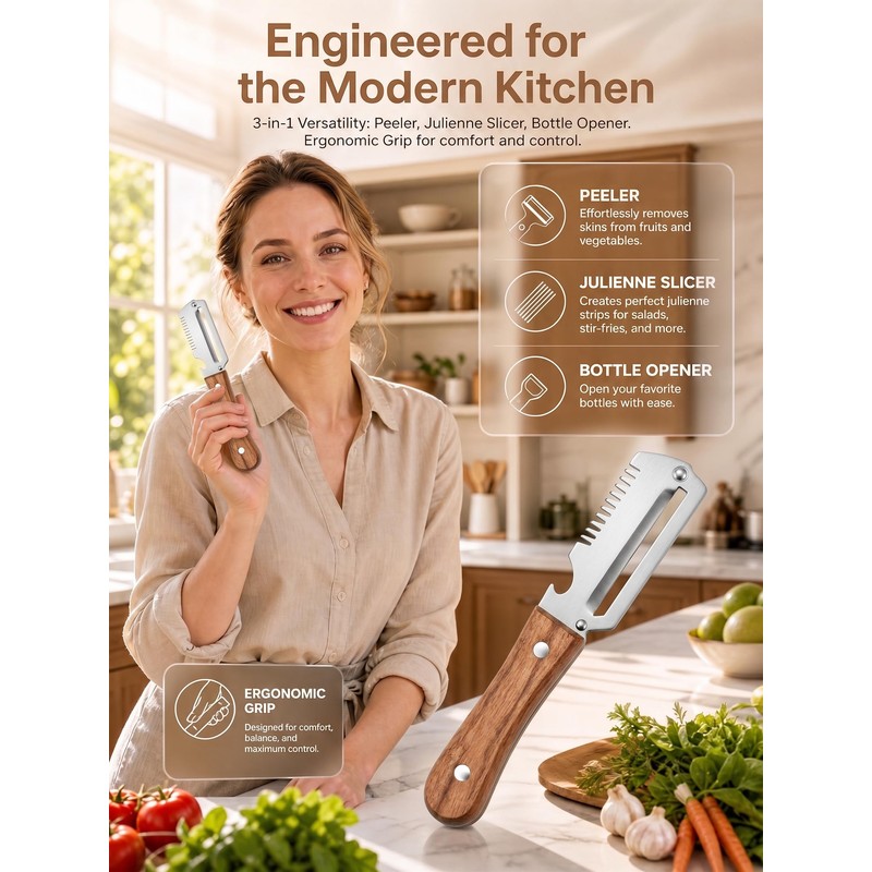 3-in-1 Multifunctional Vegetable Peeler, Curved Stainless Steel Blade Wooden Handle