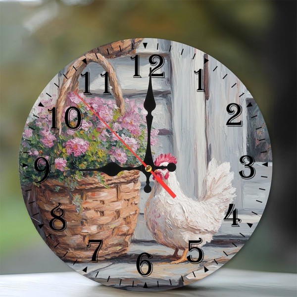 10-Inch Silent Wooden Wall Clock, White Hen by Flower Basket