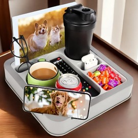 Couch Cup Holder Tray ，FINTHECH Food-Grade Silicone and Plastic Couch Caddy for Bed Car Seat, Waterproof Anti-Spill Couch Drink Holder for Remote Control, Headphones, Snacks and Other Items.