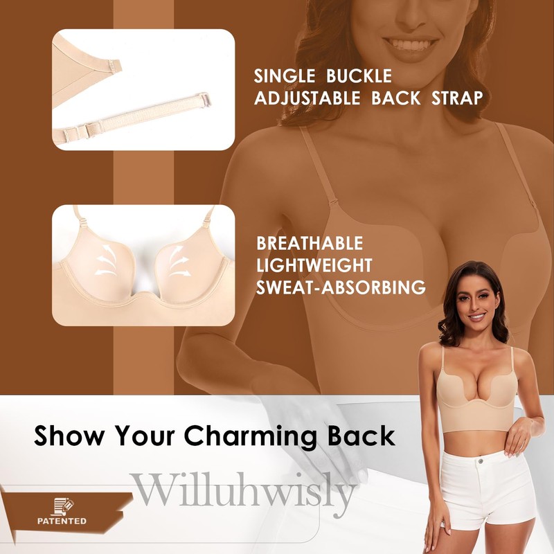 Willuhwisly Women Low Back Bra-Multiway Deep U Plunge Seamless Backless
