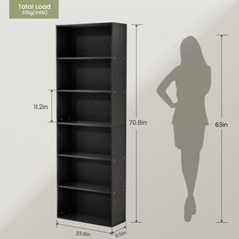 GRUSIGN 71" Tall Bookcase, 6-Tier Open Display Storage Shelves, Floor Standing Large Book Shelf for Living Room, Home Office, Bed Room, Black