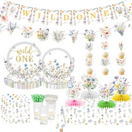 JOYHAPISTAR Wildflower 1st Wild One Birthday Party Decorations for Girl, Banner Centerpieces Cupcake Toppers Tablecloth, Spring Floral Paper Plates Napkins Cups Forks Straws Supplies Serve 20