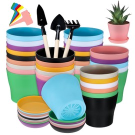 Giantree 36 Pack 4 Inch Plant Pots Bulk with 36 Plant Tags & 3 Handy Shovels, Small Plastic Planters Pots with Drainage Holes Flower Pot for Succulent, Cactus, African Violet (Multicolour)