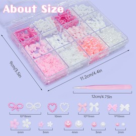 3D Nail Charms Accessories Pink White Bows Nail Charms, Acrylic Spring Blossom Tiny Flowers Heart Pearls Nail Charms Mix Sizes Flatback Pearls Nail Charms for Manicure DIY Crafts Jewel Accessories