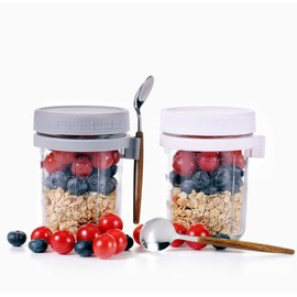 Eidoct Overnight Oats Container 2-Pack, Overnight Oats Jars with Lid and Spoon 10 oz Cereals, Milk, Fruit Salad, with Measurement Mark (grey and white)