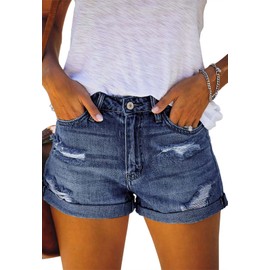 Alaster Queen Women's Denim Shorts Medium Waist Crimping Hotpants Ripped Denim Shorts for Summer, C-305 Blue