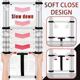 ICARRY Telescoping Ladder 10.8 FT Aluminum One-Button Retraction Collapsible Ladder, Soft Close Design Multi-Purpose Ladder w/Non-Slip Foldable Feet for RV, Household, Outdoor, 250lb Capacity