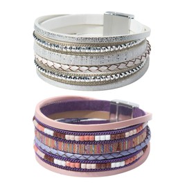 ZAGQIG 2 Pcs Leather Wrap Bracelets for Women Boho Rustic Multi-Layer Bracelet Clasp Beads Stackable Faux Rhinestone Bracelet Cuff for Women Slender Wrist (Purple+Silver Gray)