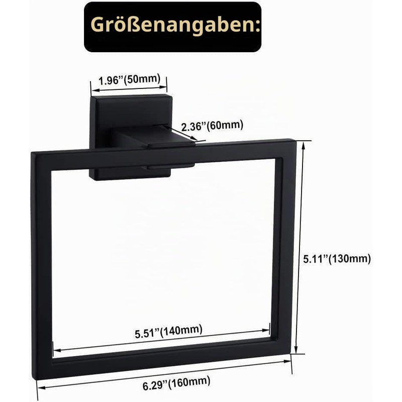 Towel Ring Square Towel Holder Black Painted Matt Stainless Steel