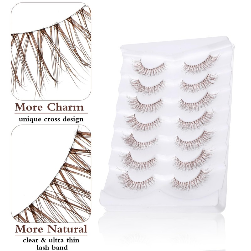 7 Pairs Brown Lash Strips, Natural Cat Eye False Lashes