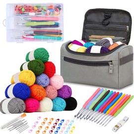 LOSYHU 69 Pcs Crochet Hooks Set 14Pcs Full Size Soft Handles Knitting Needles, DIY Knitting Yarn Kit with Storage Bag Crochet Kits for Beginners Adults (Grey)