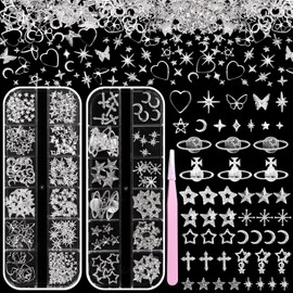CESUSME Silver Nail Charms and Gems, Silver 3D Dangle Star Planet Moon Nails Jewelry Charms, Metal Cross Heart Butterfly Alloy Rivet Studs Nail Art Charm Supplies Decor for Nails Face Makeup DIY