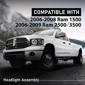 G-PLUS Headlights Assembly w/Bulbs Light Bar Left and Right Side Compatible with Dodge Ram 1500 2006-2008/Fit Dodge Ram 2500 3500 2006-2009 Smoke Lens Black Housing Clear Reflector