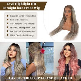 18 Inch Highlights Brown Human Hair Wigs for White Women Ombre Ash Brown Mixed Balayage Blonde with #3 Brown Roots 13x6 HD Glueless Lace Front Wig Human Hair 180% Density Pre Plucked Bleached Knots