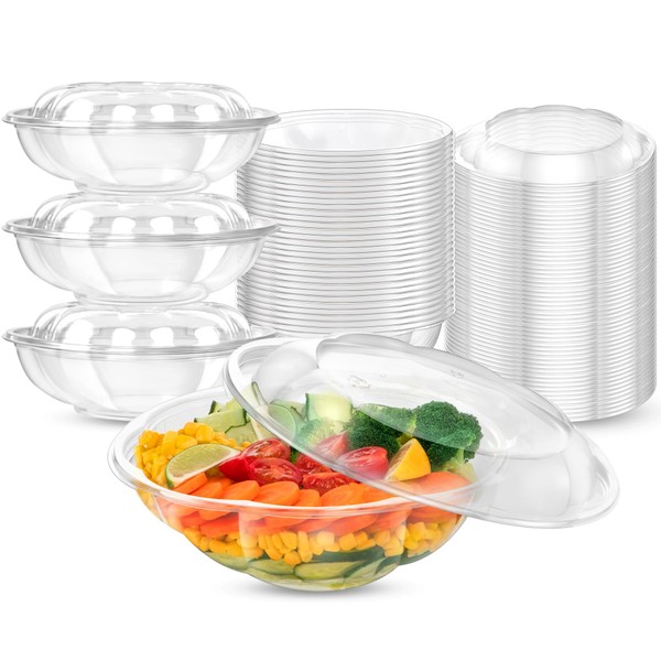 Fit Meal Prep 100 Pack 64 oz Clear Plastic Salad Bowls with Airtight Lids, Disposable To Go Salad Containers for Lunch, Meal, Party, BPA Free Clear Bowl for Acai, Green Salad, Fruits, Nuts