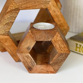 Hexagonal Tea Light Holders Set Of 3 Wooden Block Rustic Nested Candles Included