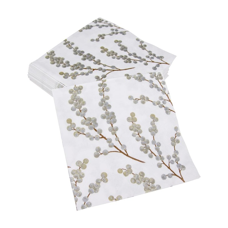 Caspari Berry Branches Paper Cocktail Napkins in White & Silver
