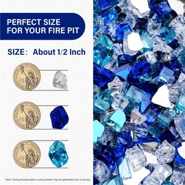 NUPICK 10 Pound Fire Glass for Fire Pit, 1/2 Inch Tempered Mixed Fire Glass in Bahama Blend for Propane Fire Pit & Gas Fireplace, Blue and White Fire Glass Rock