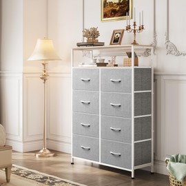 WLIVE Fabric Dresser for Bedroom with Open Shelves, Tall Dresser with 8 Drawers, Storage Tower with Fabric Bins, Chest of Drawers for Closet, Living Room, Hallway, Light Gray