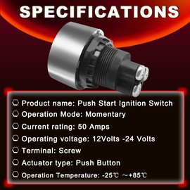 12V-24V/50A Push Start Ignition Switch Momentary Engine Start Push Button Switch RED LED Car Starter Stop Button Switch SPST ON-OFF with Terminal Wire Cold Pressed Connector for Truck RV