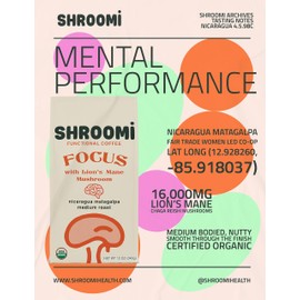 Organic Ground Premium Mushroom Coffee by Shroomi | | Mental Performance Coffee | Lion’s Mane, Reishi, Chaga Focus Blend | Medium Roast, Certified Fair Trade, Gourmet Ground Coffee from Nicaragua Matagalpa | 12oz Bag