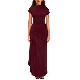 YMDUCH Women's Casual Short Sleeve Boat Neck Ruched High Split Bodycon Long Formal Dress WineRed